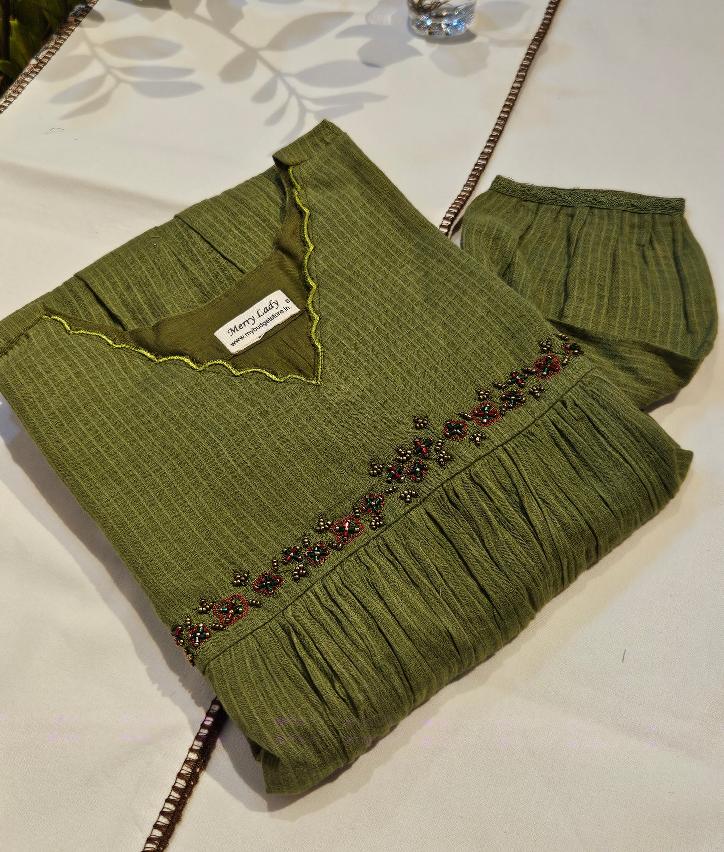 Green soft cotton kota checks kurti with scallopped neck and embroidered yoke MBS-698