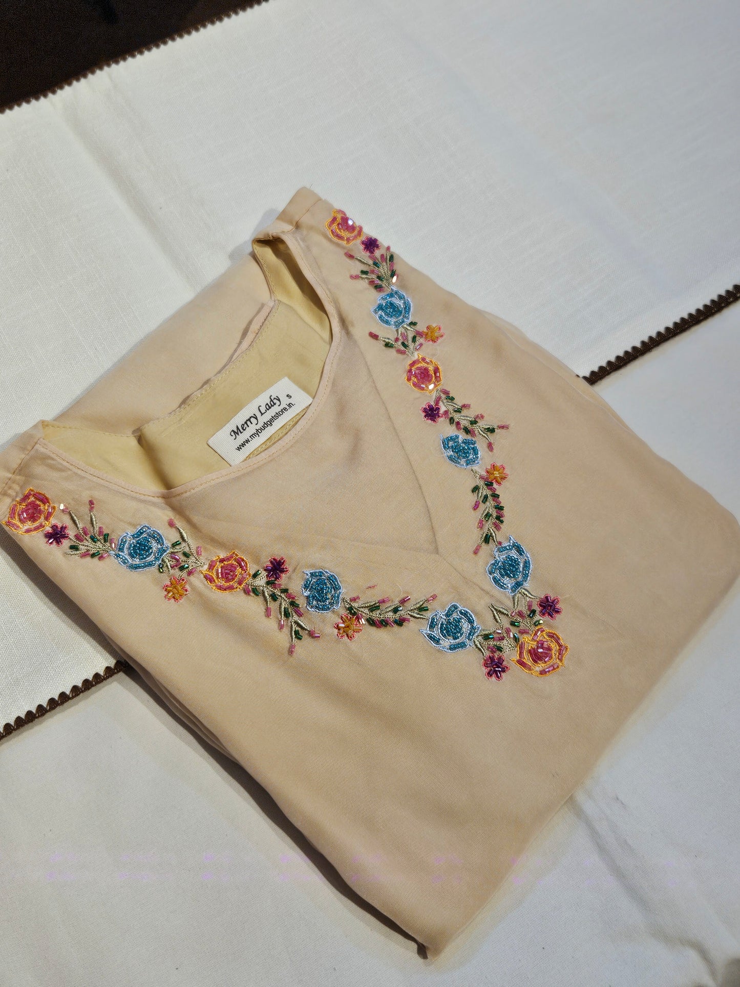 Soft beige viscose organza Aline kurti with handworked neckline MBS-713