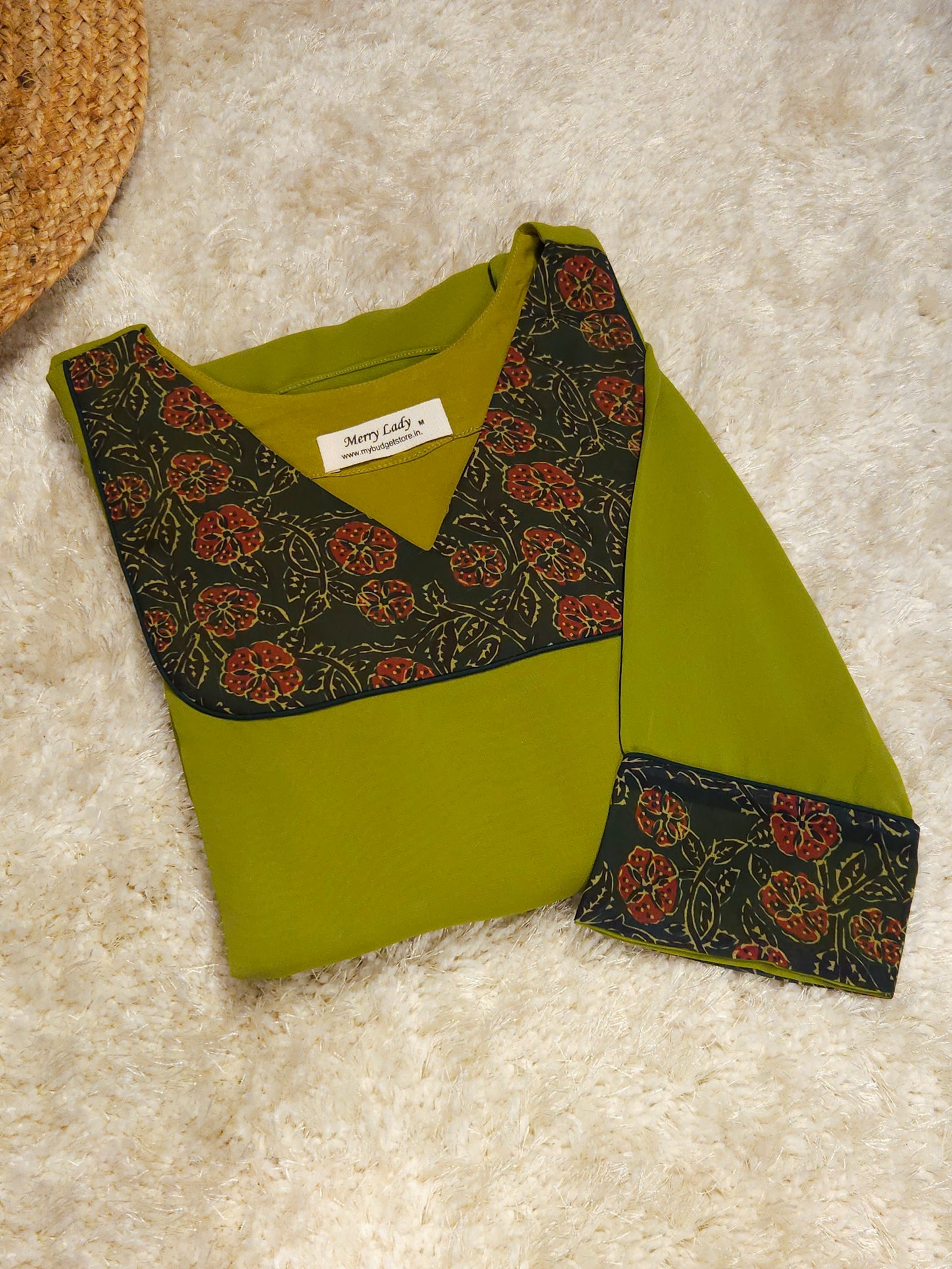 Parrot green shaded georgette Aline kurti with georgette kalamkari patch MBS-779 ** Ready to dispatch **
