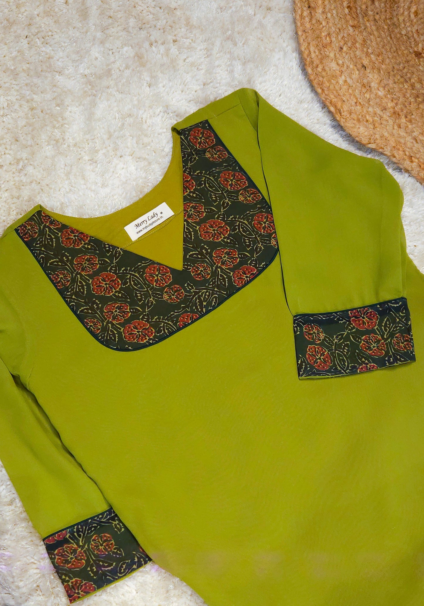Parrot green shaded georgette Aline kurti with georgette kalamkari patch MBS-779 ** Ready to dispatch **