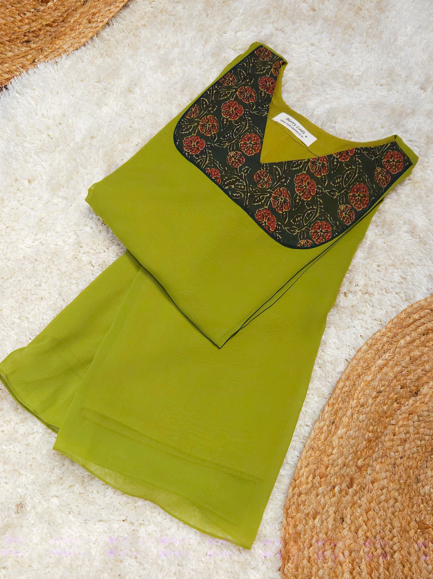 Parrot green shaded georgette Aline kurti with georgette kalamkari patch MBS-779 ** Ready to dispatch **