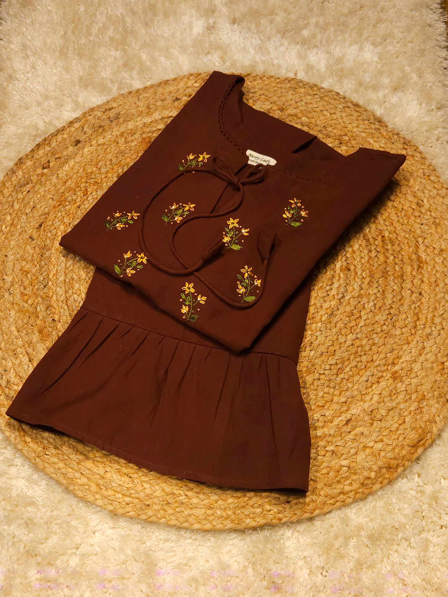 Copper brown shaded flex cotton kurti/dress with thread embroidered yoke MBS-780