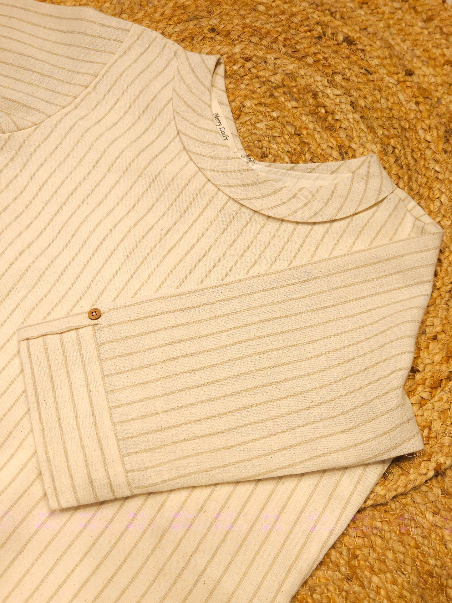 Cream shaded striped natural linen slitted kurti with folded collar MBS-781 ** Ready to dispatch **
