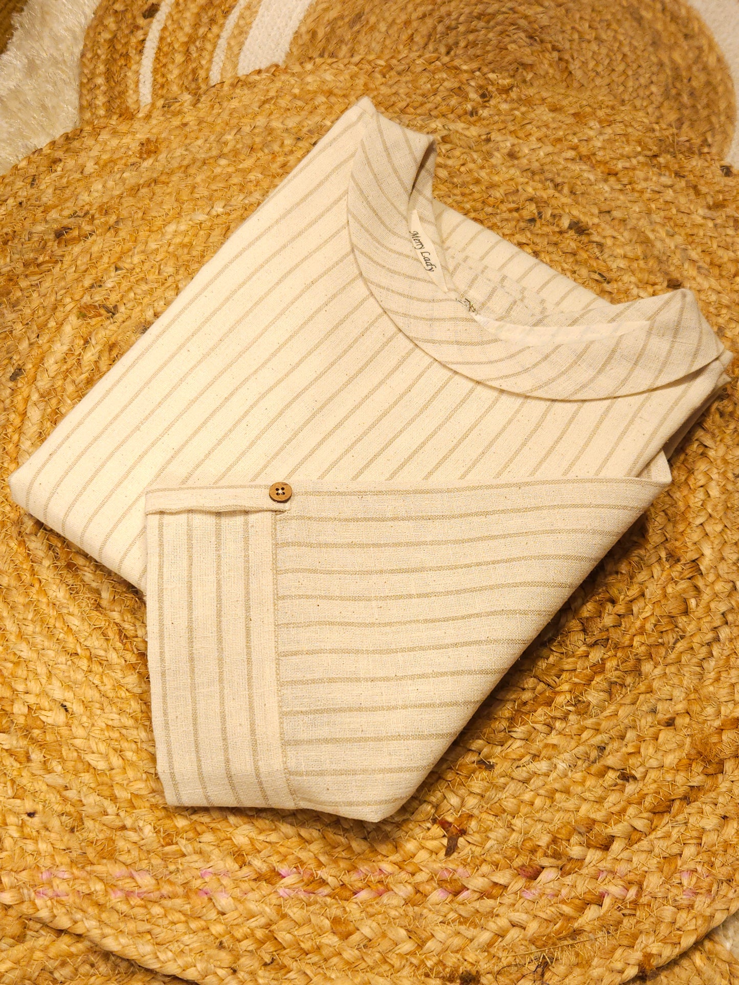 Cream shaded striped natural linen slitted kurti with folded collar MBS-781 ** Ready to dispatch **