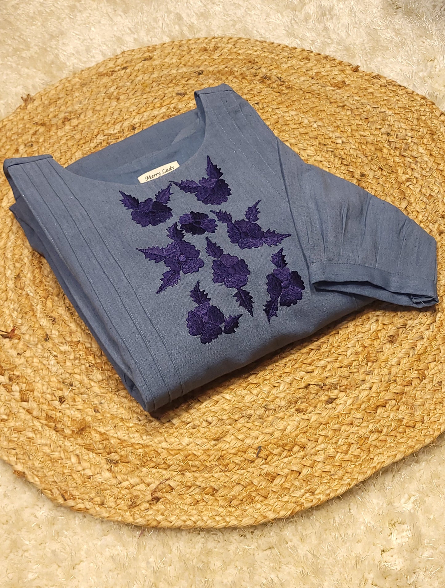 Denim shaded flex cotton Aline kurti/dress with floral embroidered yoke and hemline with pintuck detailing in yoke MBS-782