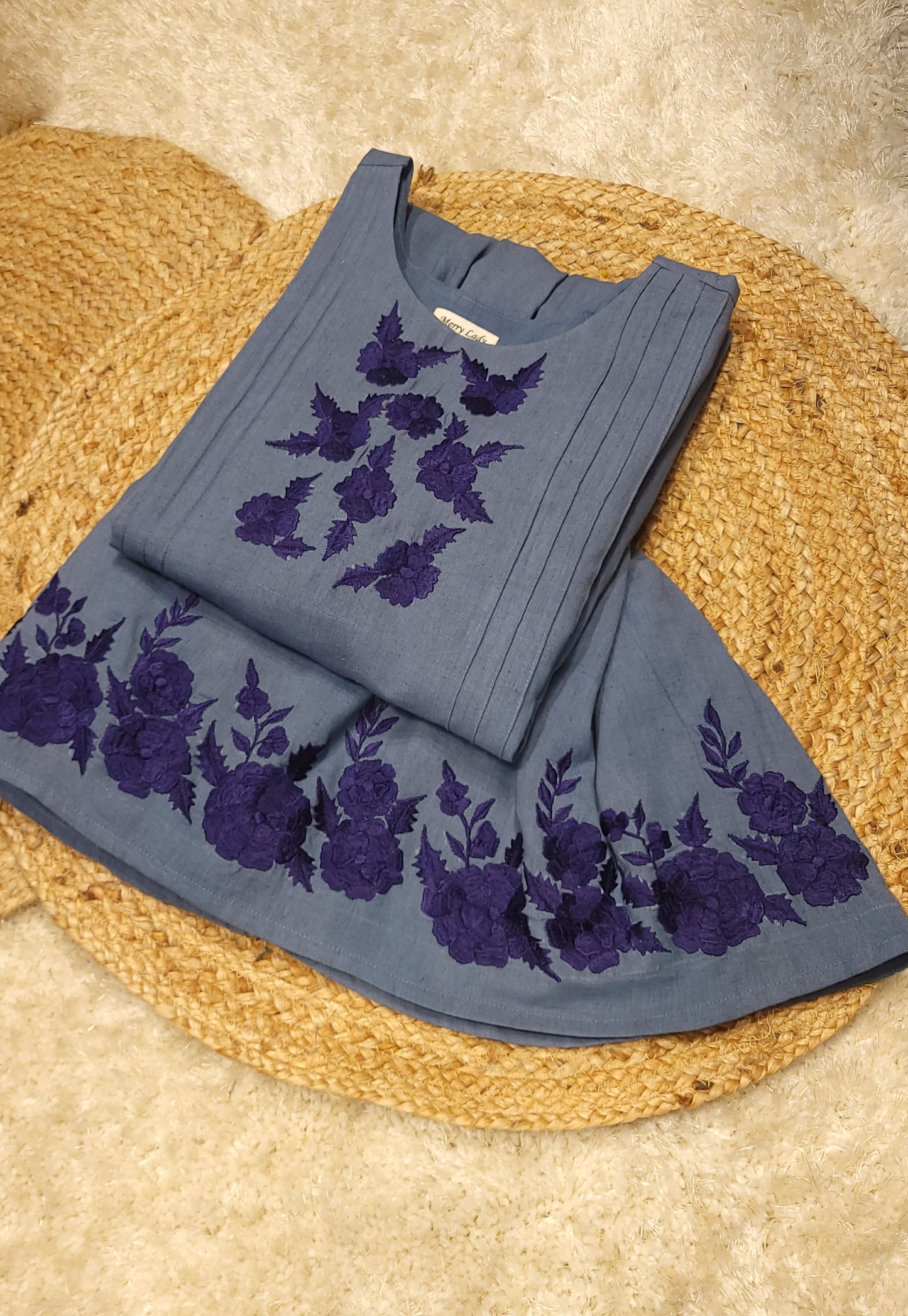 Denim shaded flex cotton Aline kurti/dress with floral embroidered yoke and hemline with pintuck detailing in yoke MBS-782