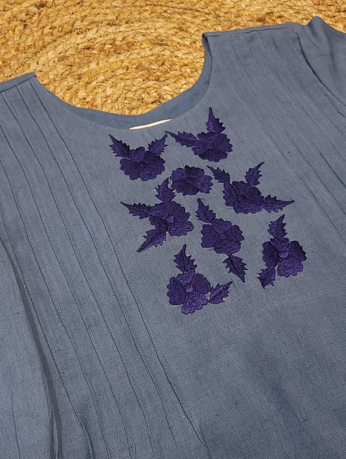 Denim shaded flex cotton Aline kurti/dress with floral embroidered yoke and hemline with pintuck detailing in yoke MBS-782