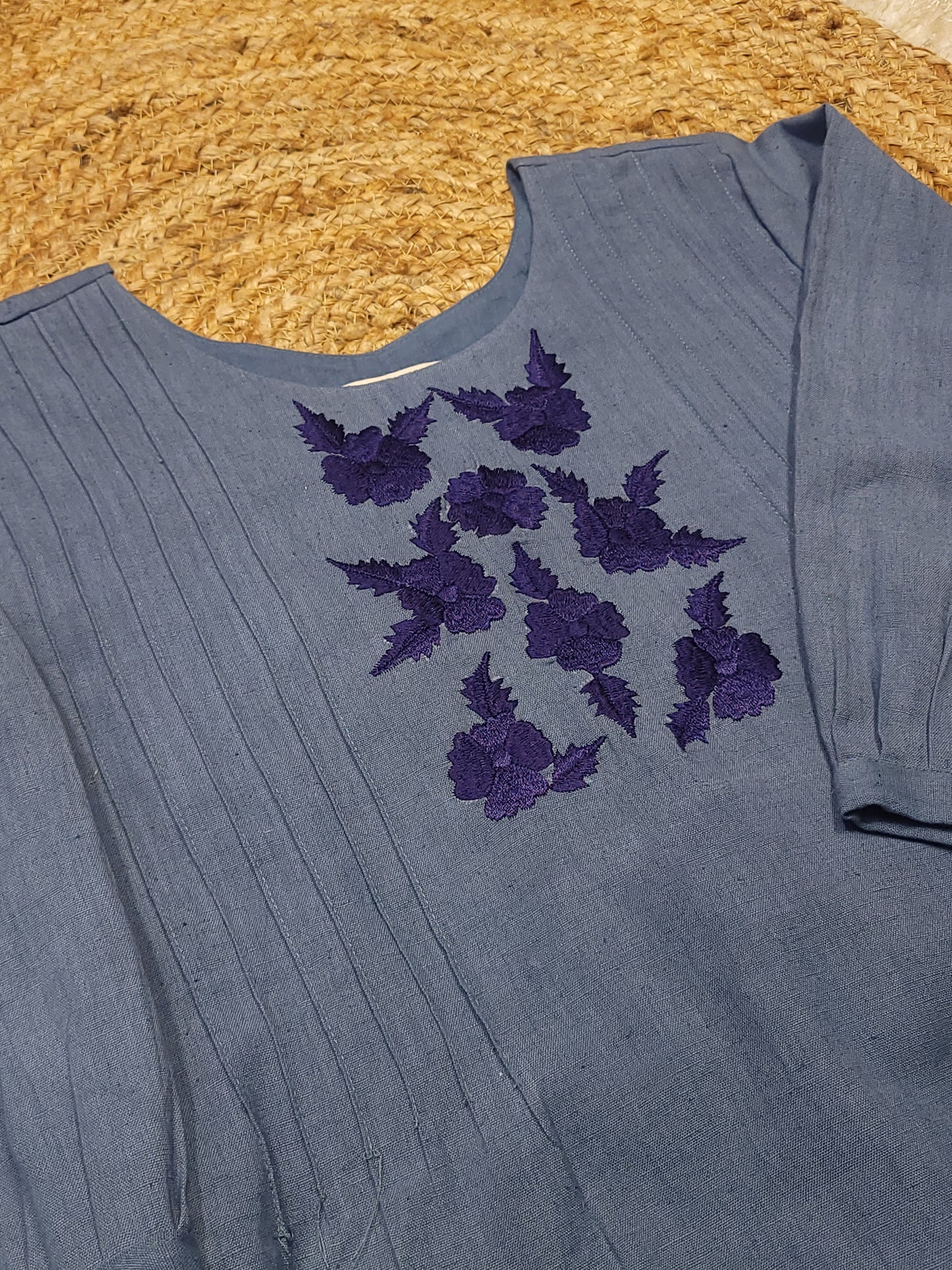 Denim shaded flex cotton Aline kurti/dress with floral embroidered yoke and hemline with pintuck detailing in yoke MBS-782