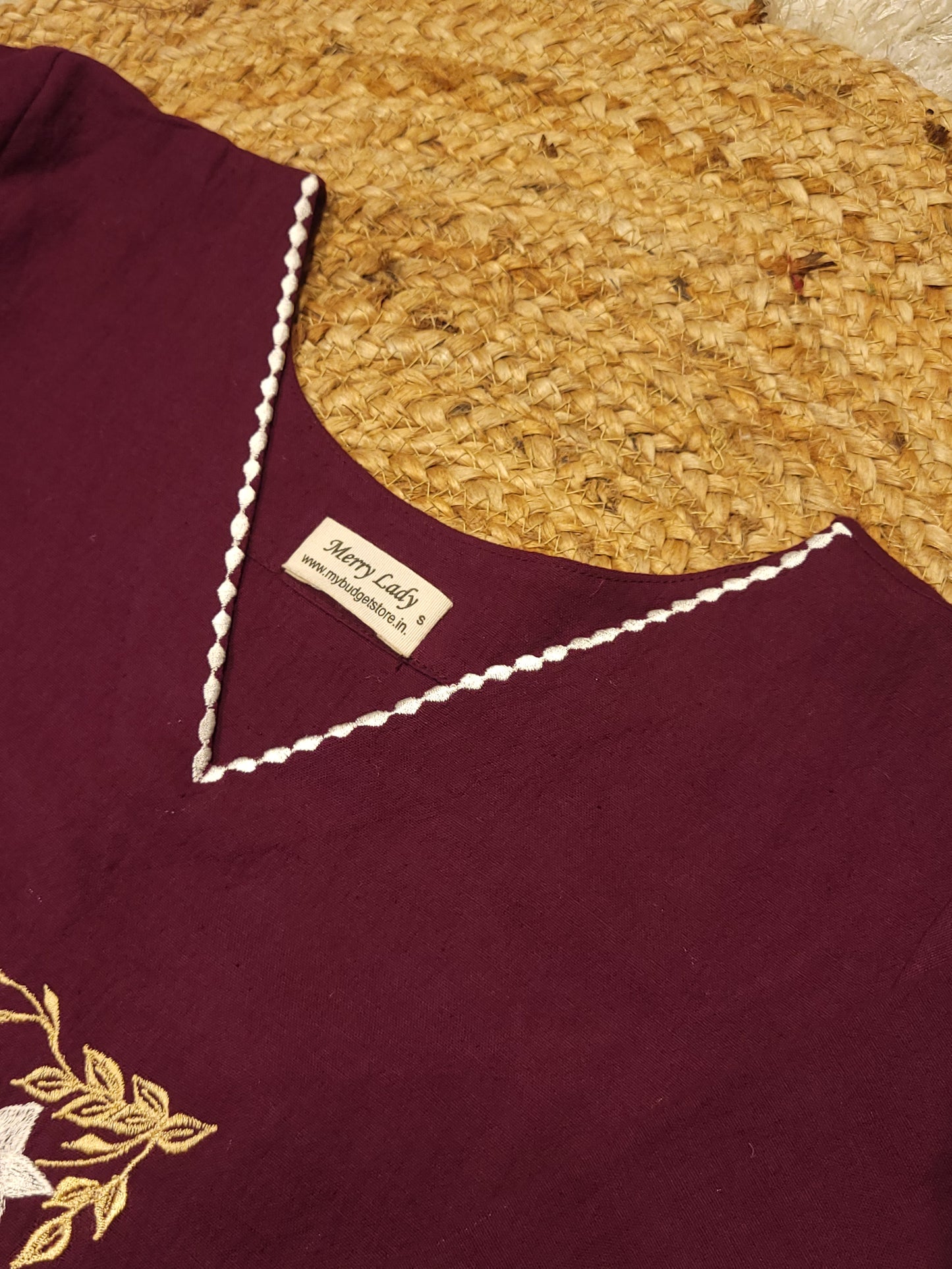 Dark grape flex cotton slitted kurti with embroidery detailings on yoke and hemline MBS-783