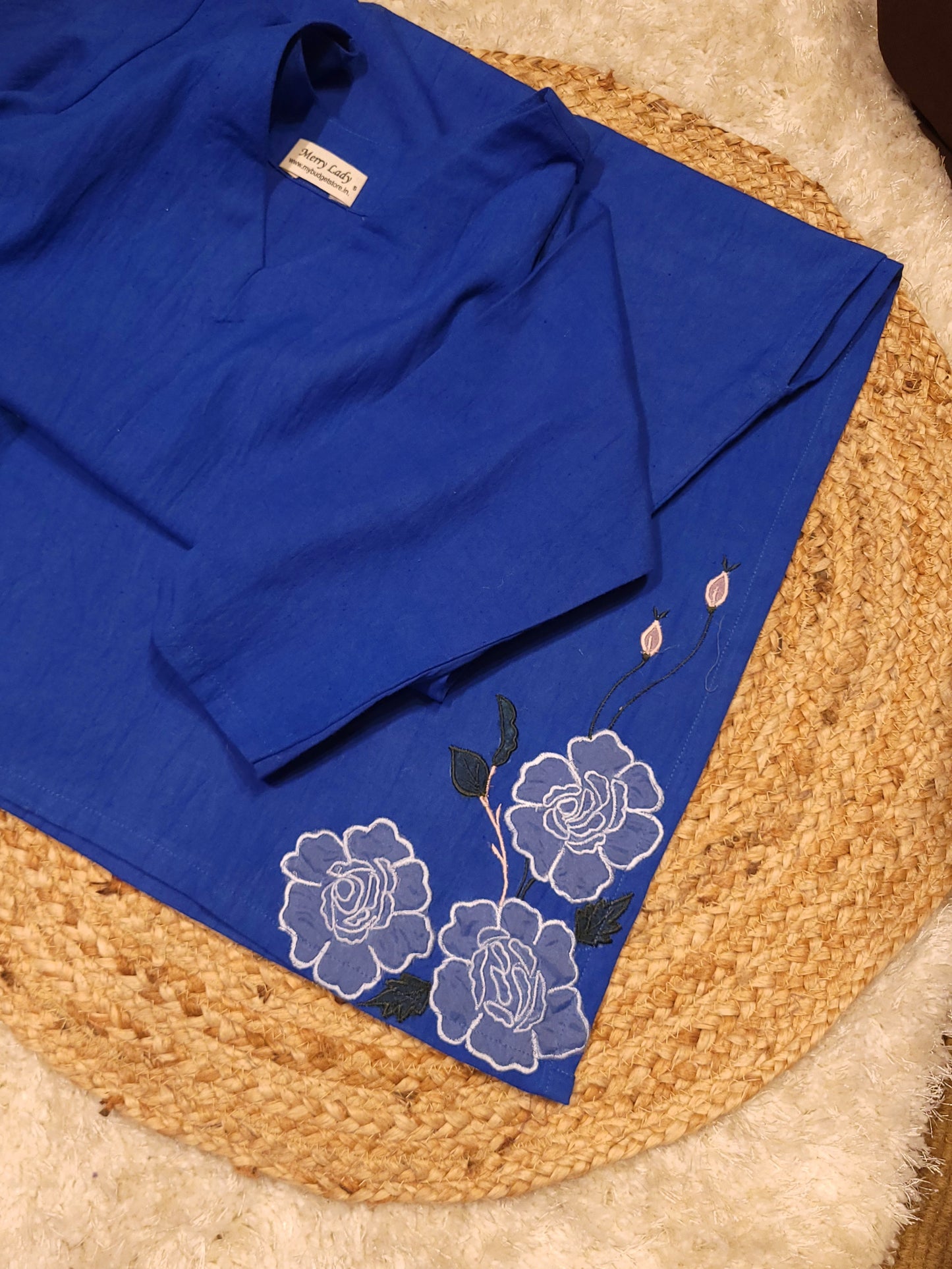 Royal blue shaded flex cotton slitted kurti with applique work and thread embroidery detailed hemline MBS-784