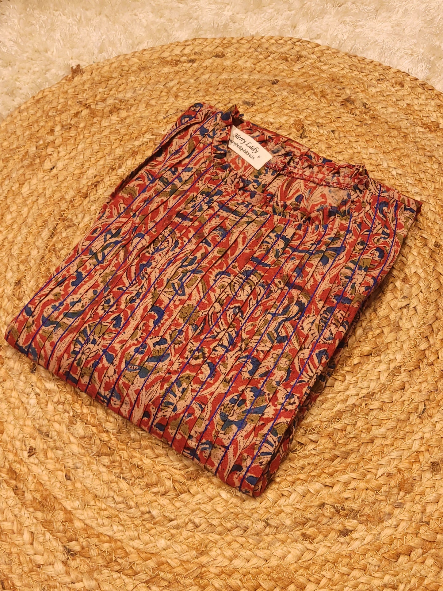 Pure kalamkari cotton A-line kurti with anchor thread detailed pleated yoke MBS-784 **Ready to dispatch**