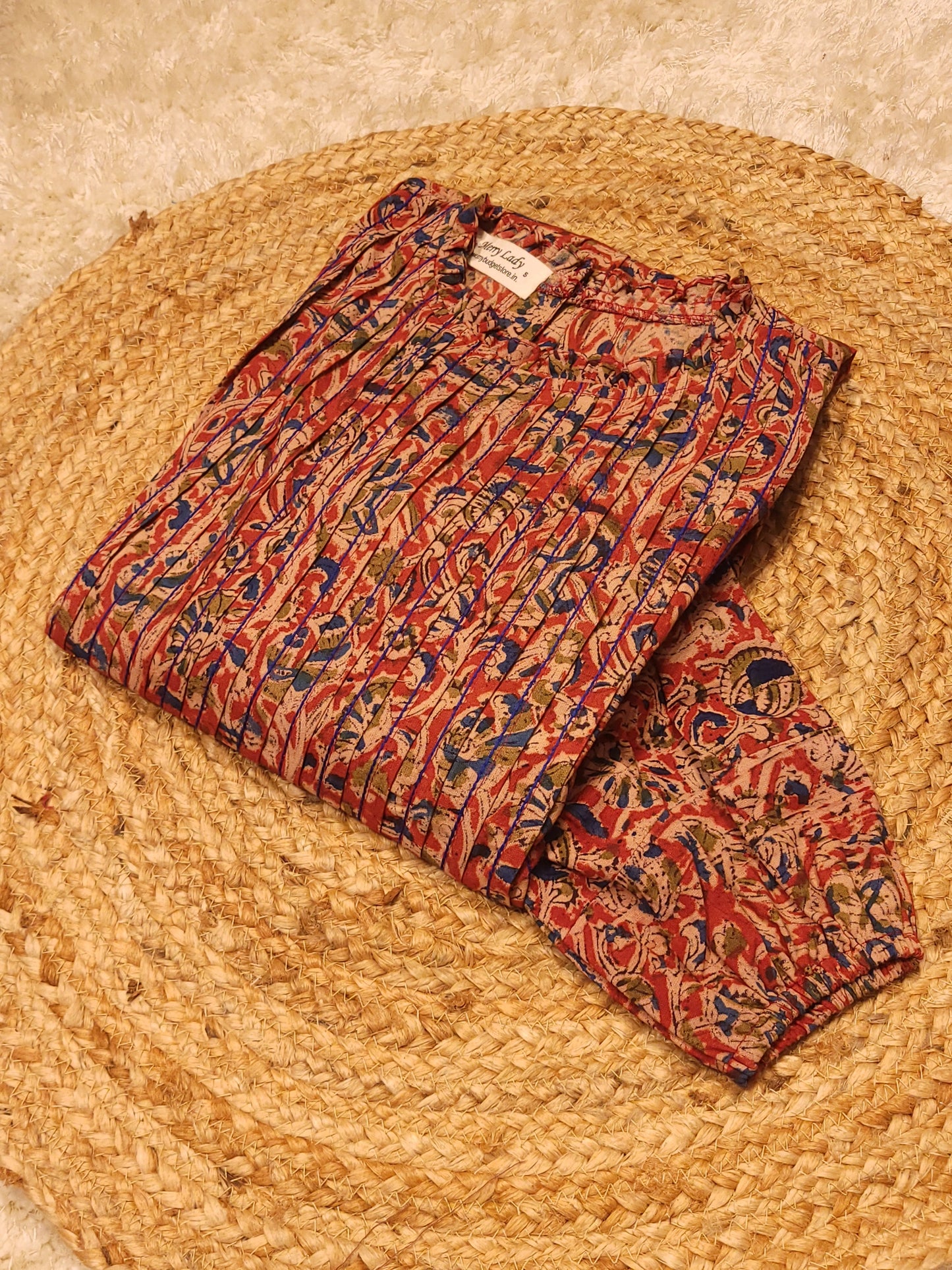 Pure kalamkari cotton A-line kurti with anchor thread detailed pleated yoke MBS-784 **Ready to dispatch**