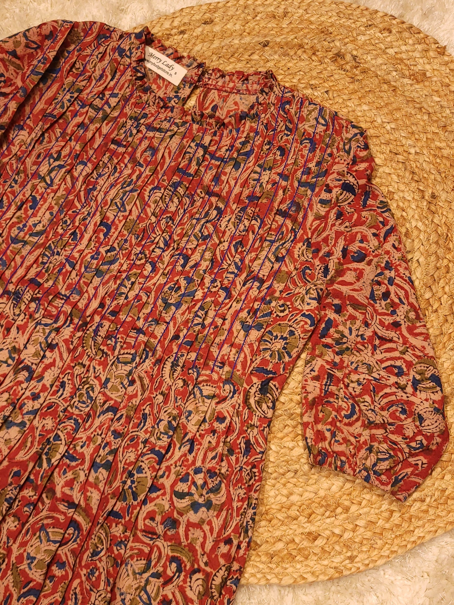 Pure kalamkari cotton A-line kurti with anchor thread detailed pleated yoke MBS-784 **Ready to dispatch**