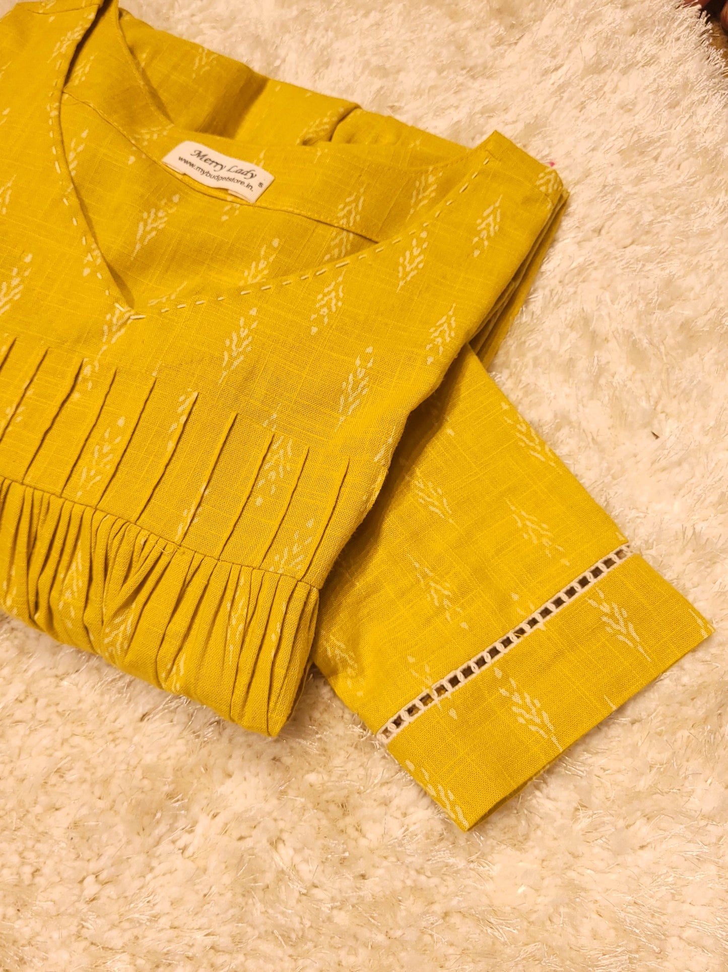 Yellow shaded slub cotton kurti with anchor thread detailed neck and pintucked yoke  MBS-786 **ready to dispatch**