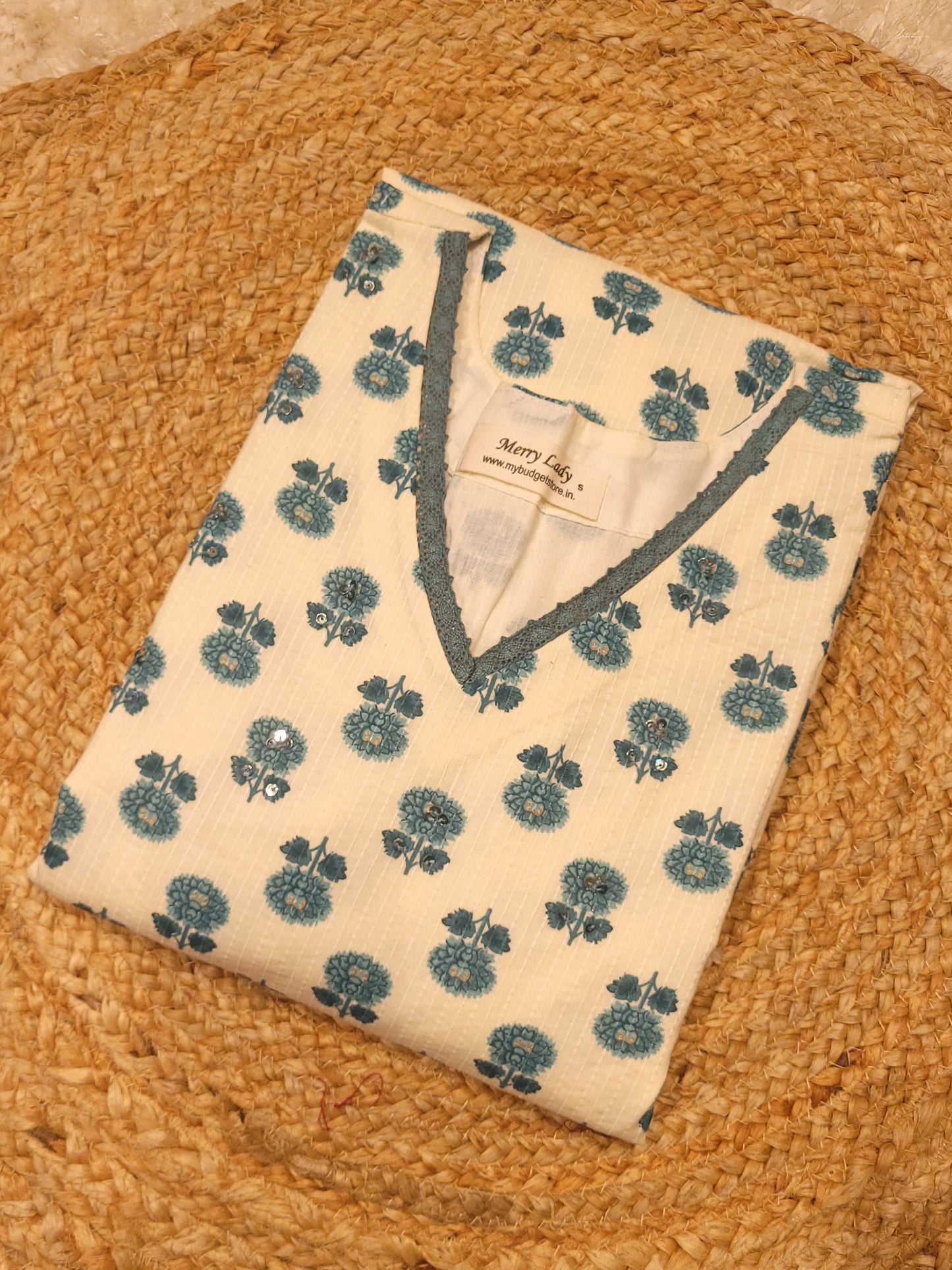 Floral printed katha cotton Aline kurti with sequins handworked yoke in offwhite shade MBS-788 **ready to dispatch**