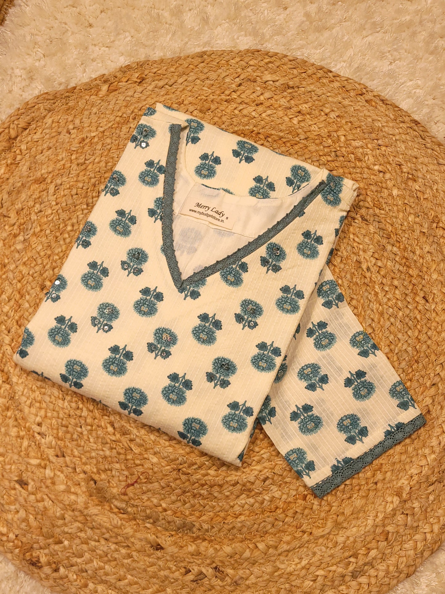 Floral printed katha cotton Aline kurti with sequins handworked yoke in offwhite shade MBS-788 **ready to dispatch**