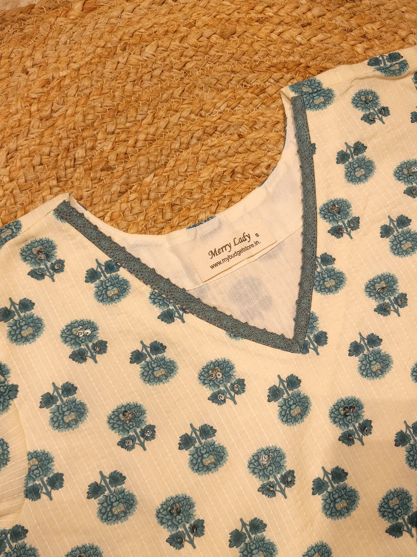 Floral printed katha cotton Aline kurti with sequins handworked yoke in offwhite shade MBS-788 **ready to dispatch**