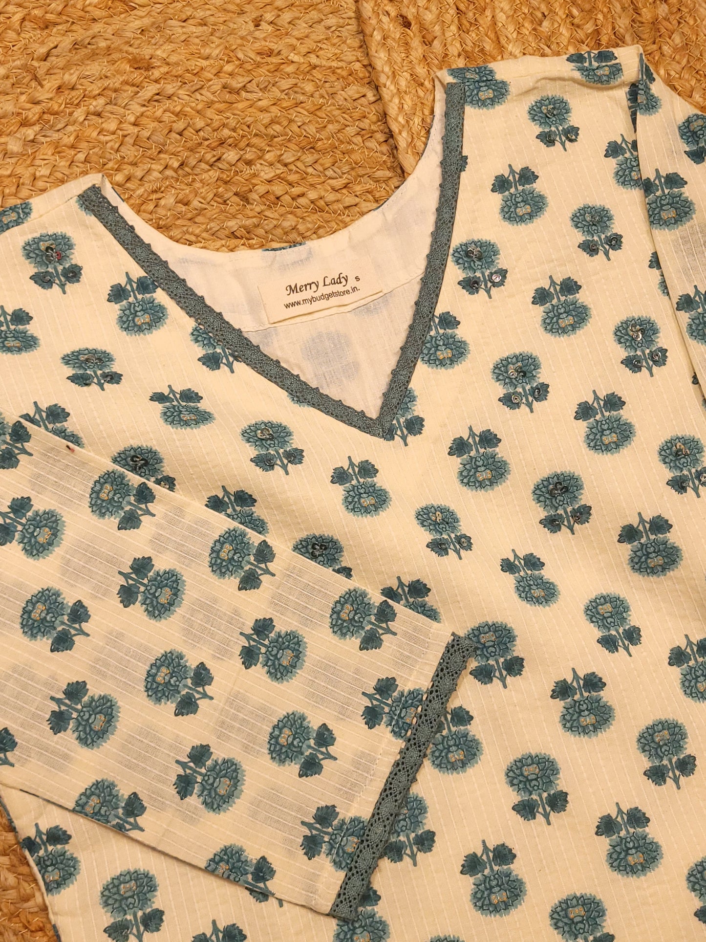 Floral printed katha cotton Aline kurti with sequins handworked yoke in offwhite shade MBS-788 **ready to dispatch**