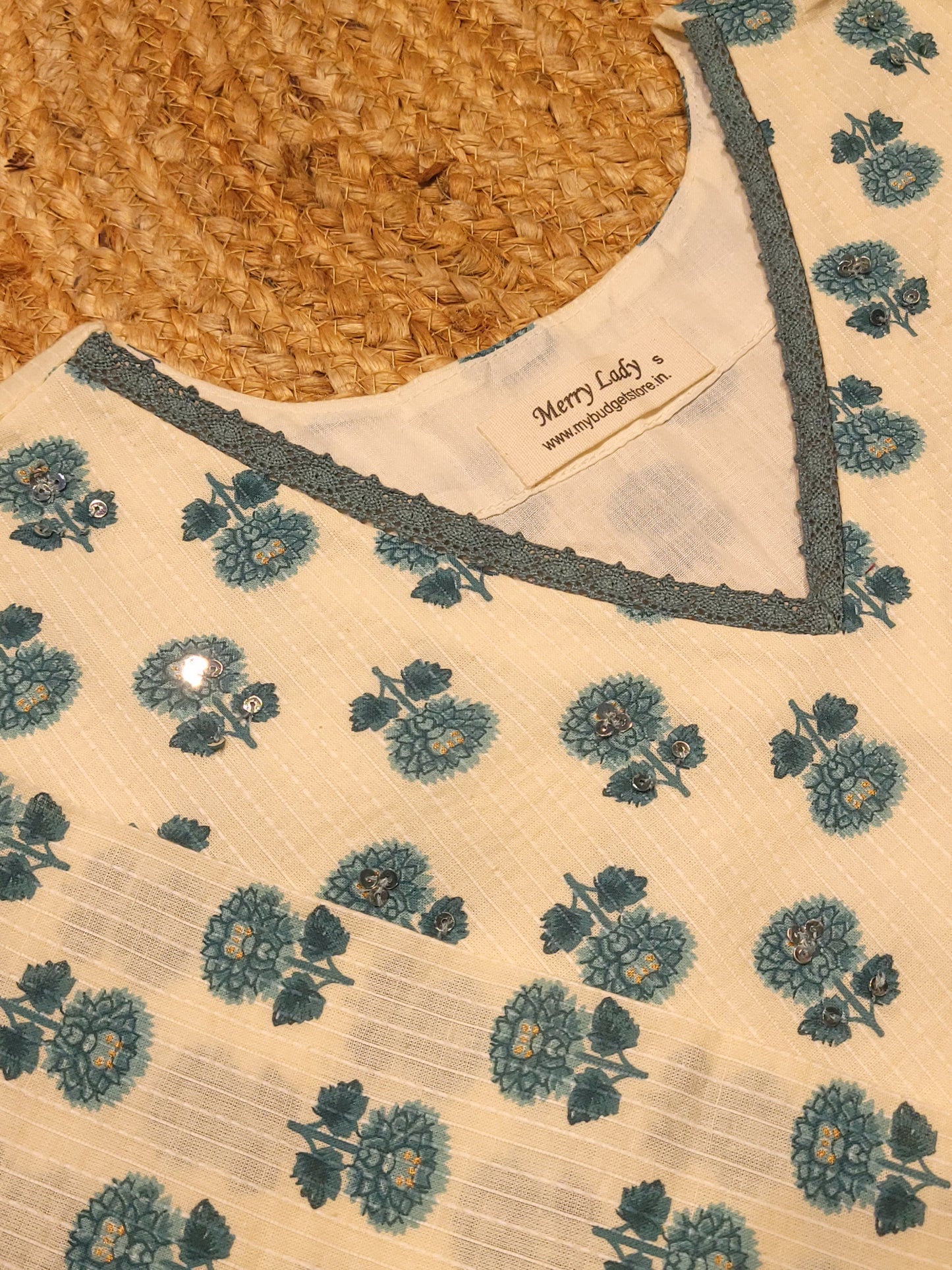 Floral printed katha cotton Aline kurti with sequins handworked yoke in offwhite shade MBS-788 **ready to dispatch**