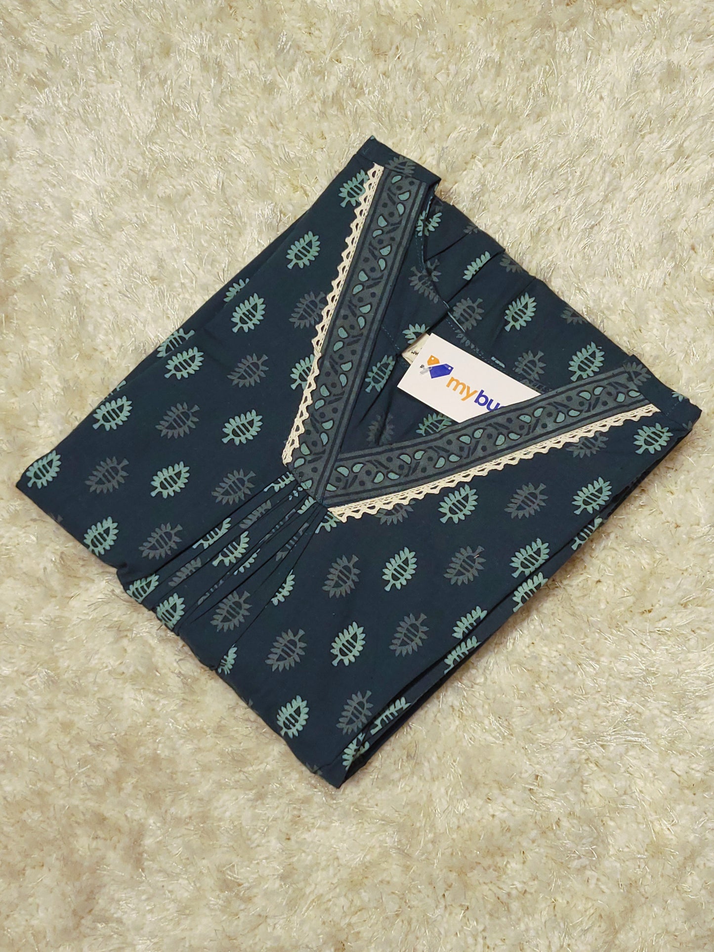 Green printed cotton Aline kurti with lace detailed neck and gathers MBS-799 ** ready to dispatch**