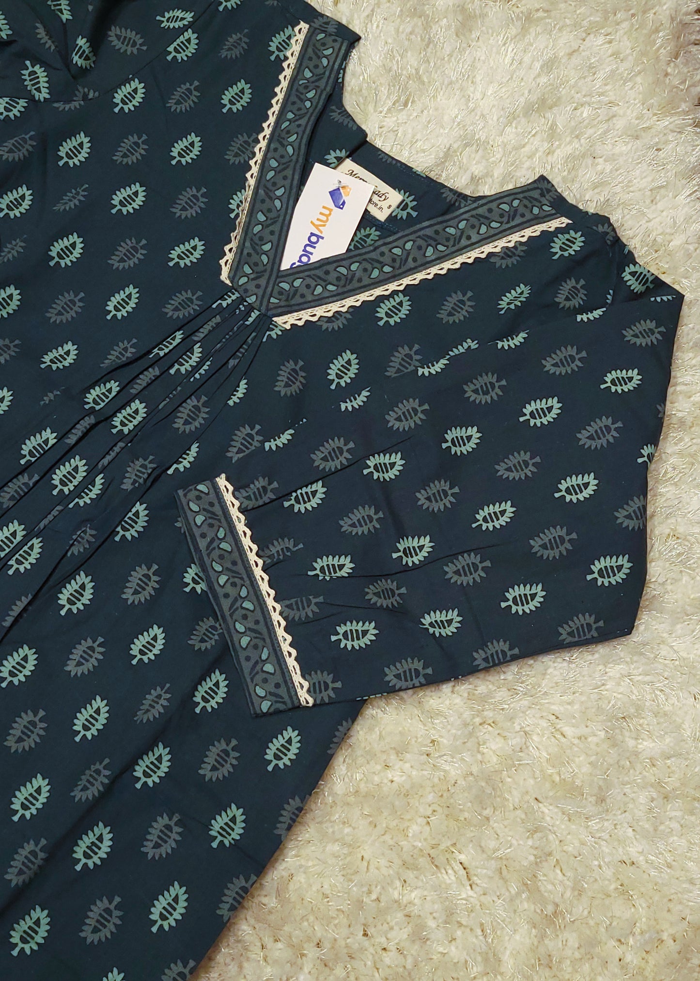 Green printed cotton Aline kurti with lace detailed neck and gathers MBS-799 ** ready to dispatch**