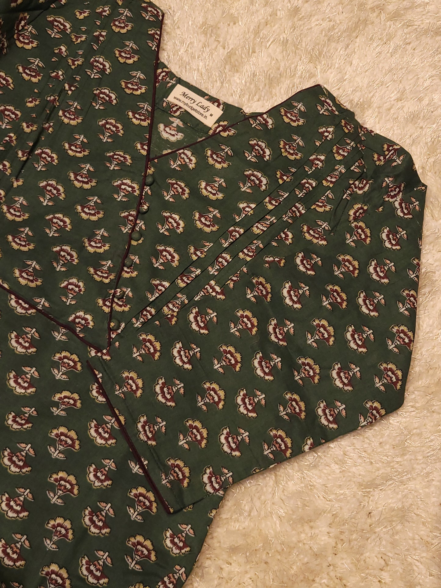 Green floral printed cotton A-line kurti with overlapped yoke and pleats MBS-MBS-792 ** Ready to dispatch **