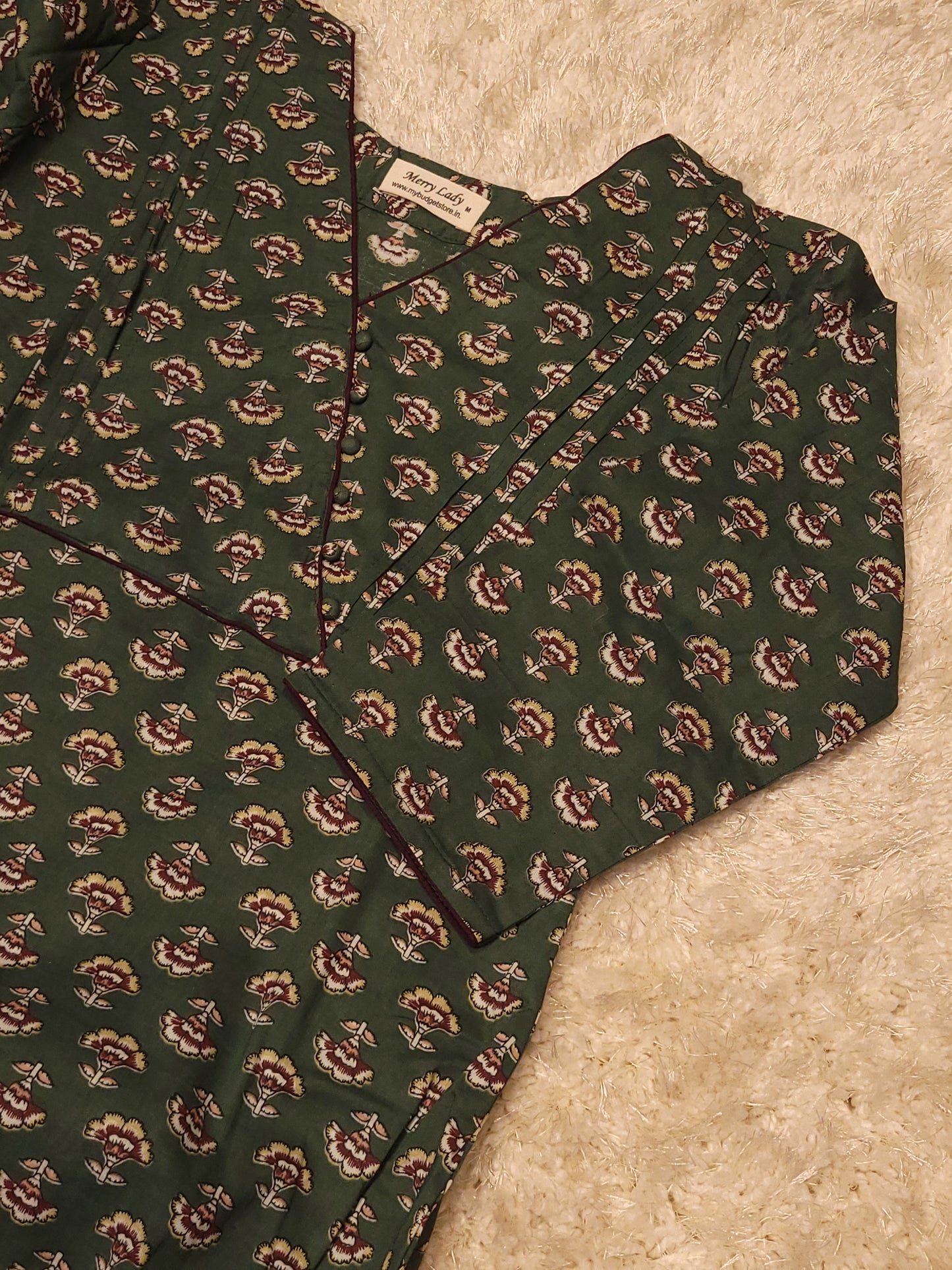 Green floral printed cotton A-line kurti with overlapped yoke and pleats MBS-MBS-792 ** Ready to dispatch **