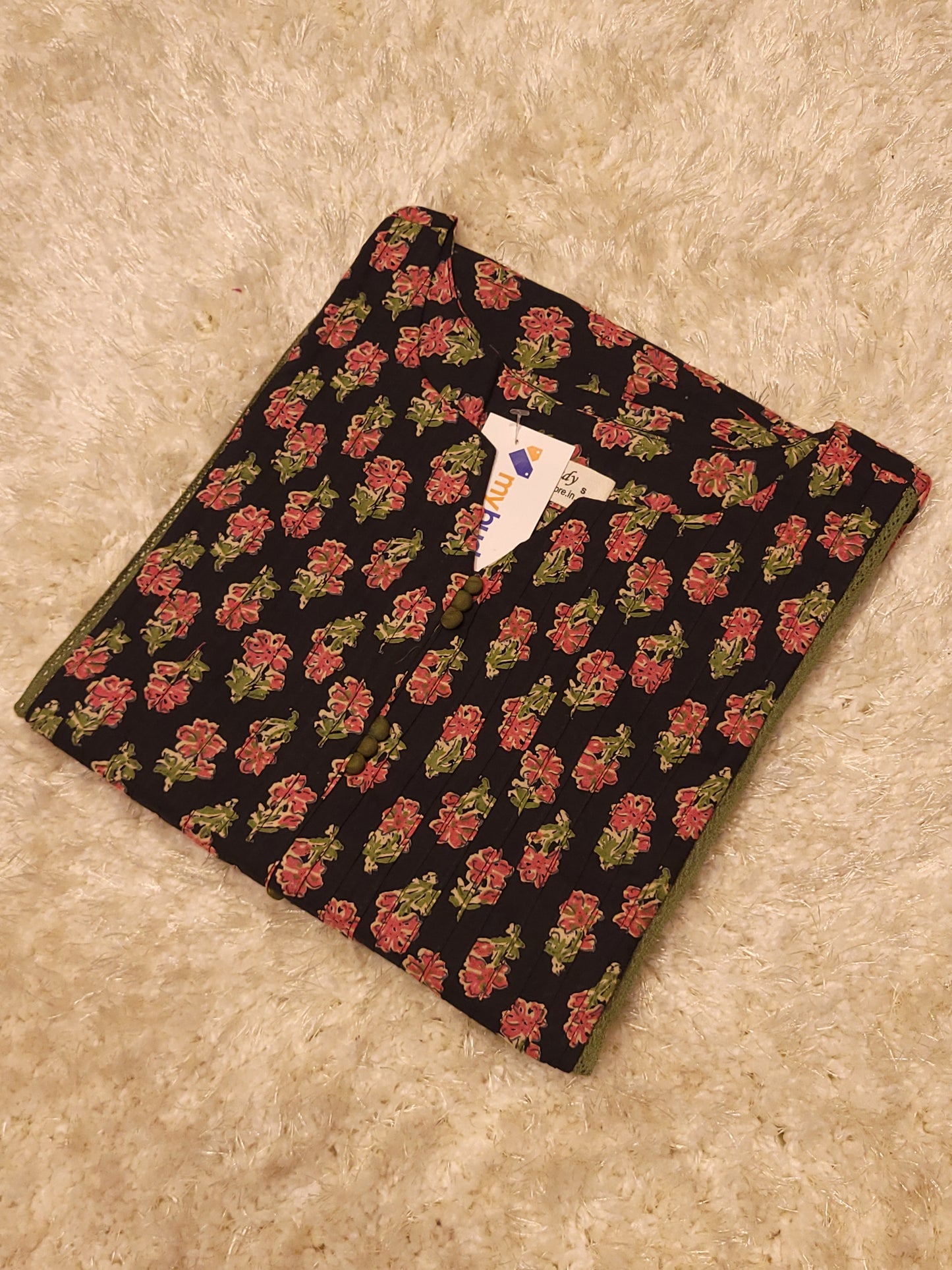 Black floral printed cotton Aline kurti with pintuck and lace detailed yoke MBS-796 **ready to dispatch**