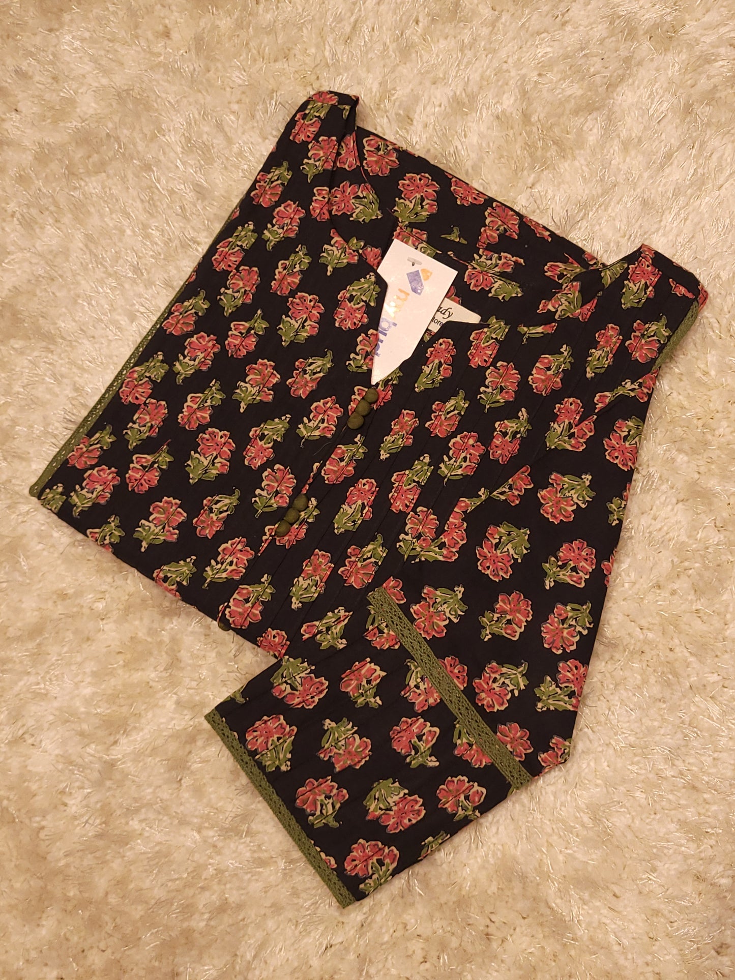 Black floral printed cotton Aline kurti with pintuck and lace detailed yoke MBS-796 **ready to dispatch**