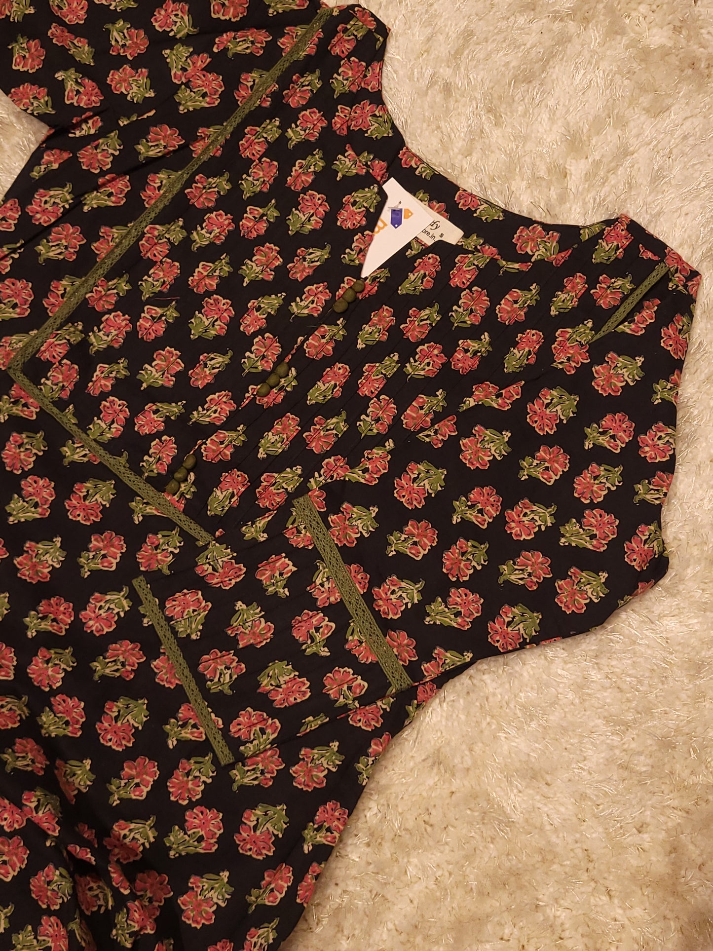 Black floral printed cotton Aline kurti with pintuck and lace detailed yoke MBS-796 **ready to dispatch**