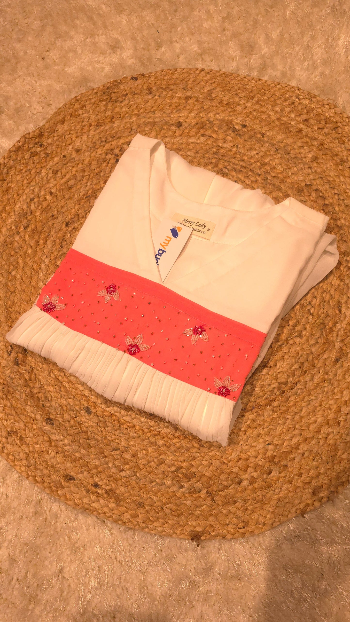 White shaded georgette A-line kurti with handworked yoke MBS-803 ** ready to dispatch**