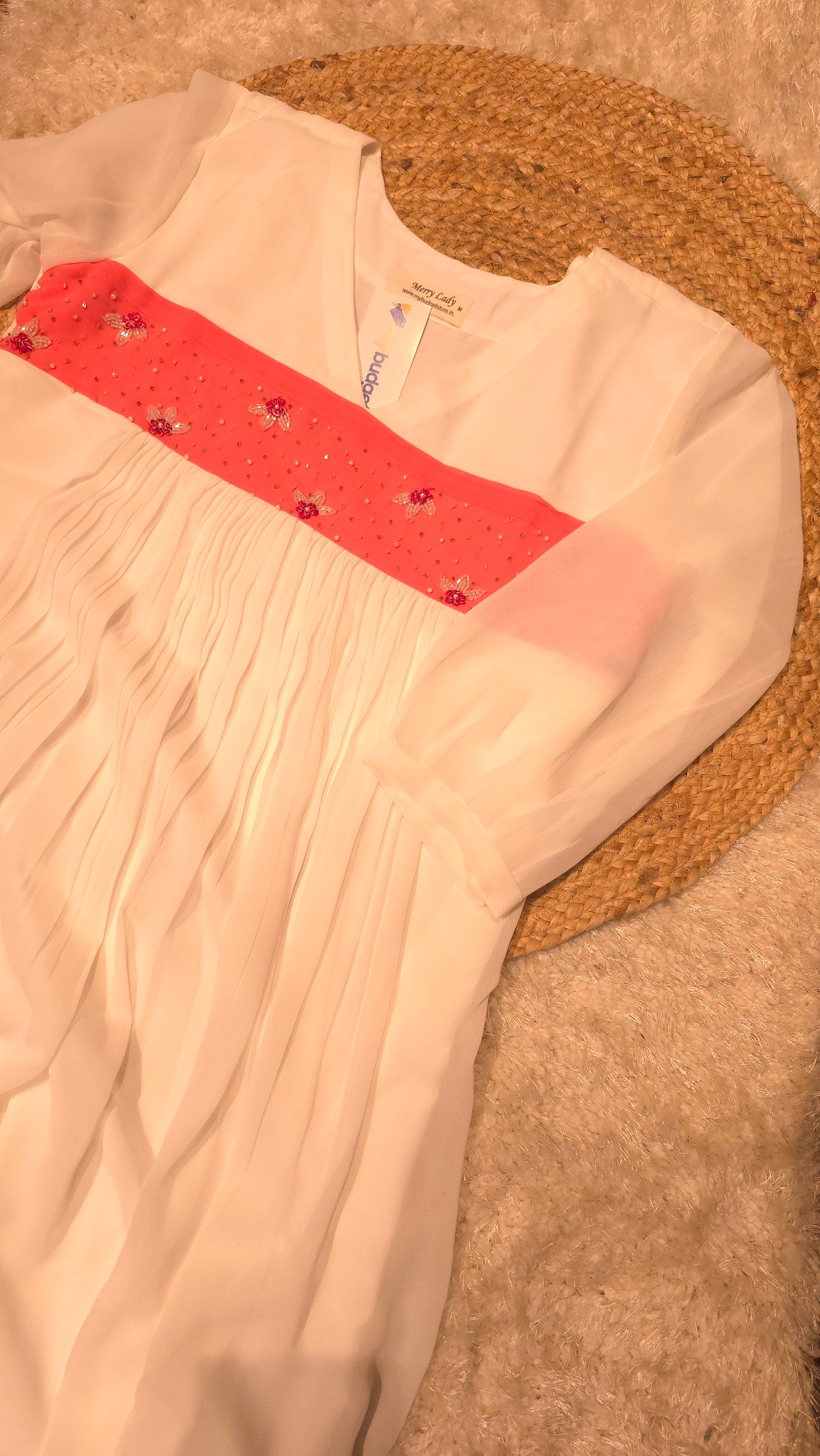 White shaded georgette A-line kurti with handworked yoke MBS-803 ** ready to dispatch**