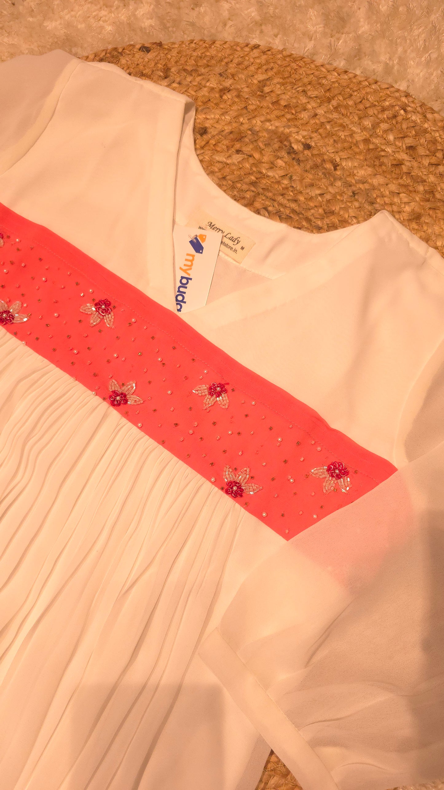 White shaded georgette A-line kurti with handworked yoke MBS-803 ** ready to dispatch**