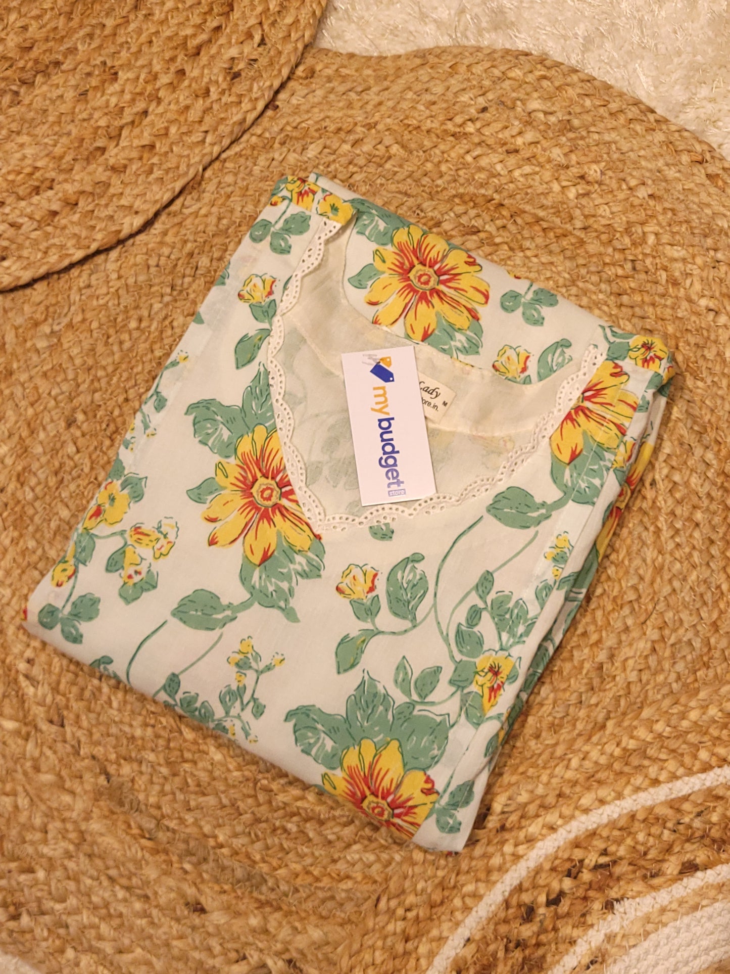 Tropical printed cotton A-line kurti with lace detailed neck and pleated yoke MBS-808 ** ready to dispatch**