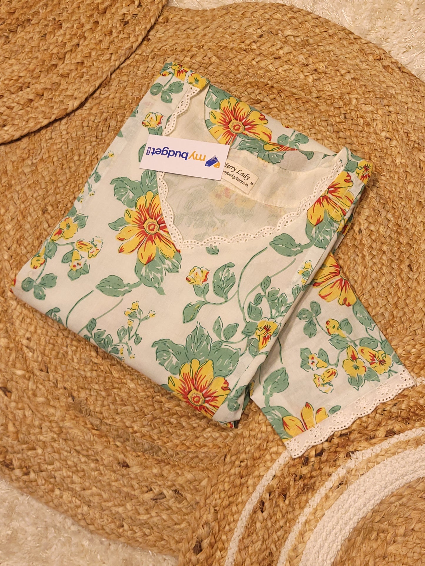 Tropical printed cotton A-line kurti with lace detailed neck and pleated yoke MBS-808 ** ready to dispatch**