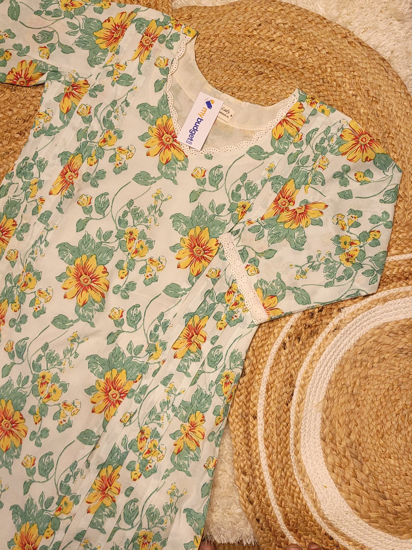 Tropical printed cotton A-line kurti with lace detailed neck and pleated yoke MBS-808 ** ready to dispatch**