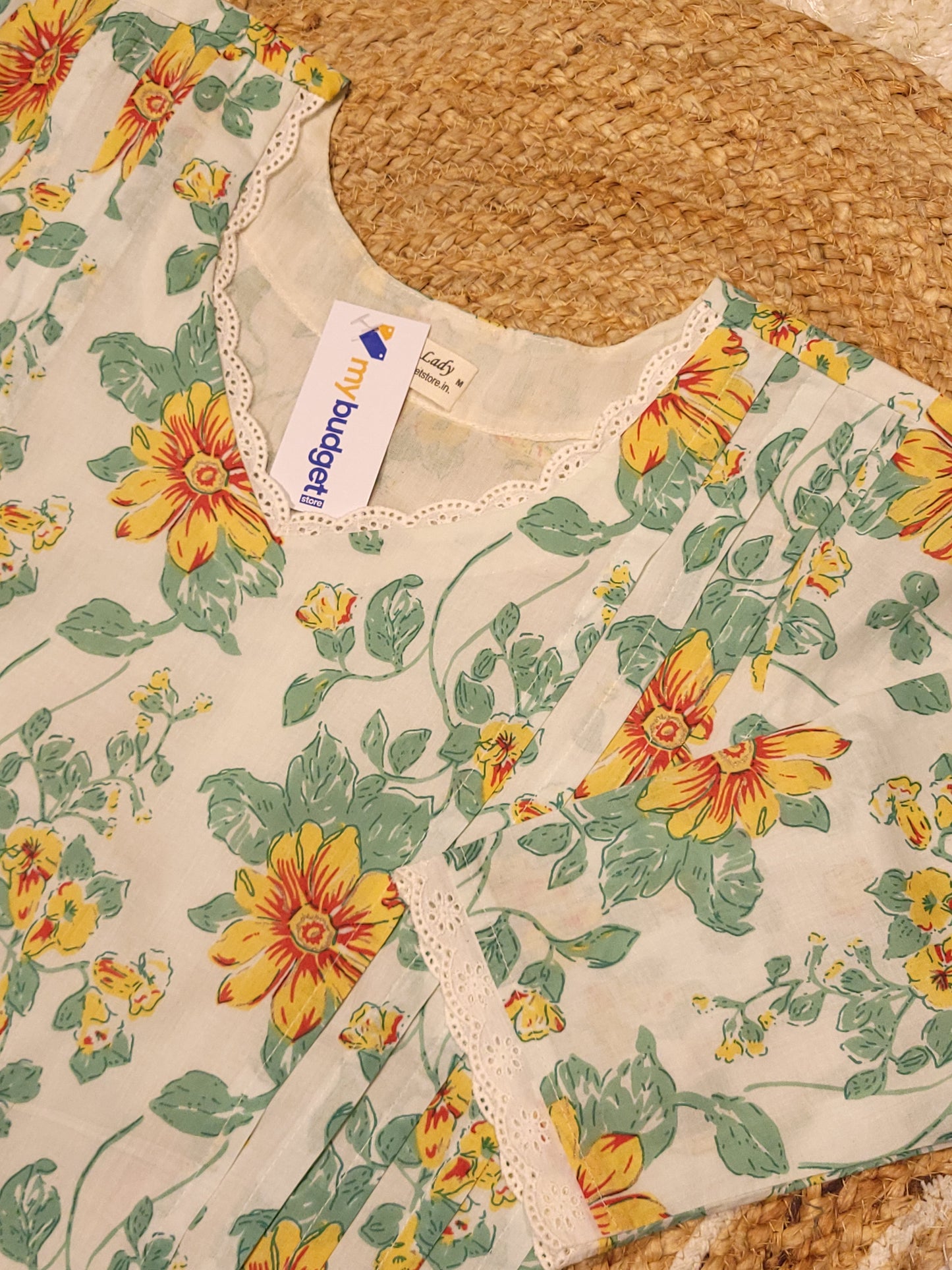 Tropical printed cotton A-line kurti with lace detailed neck and pleated yoke MBS-808 ** ready to dispatch**