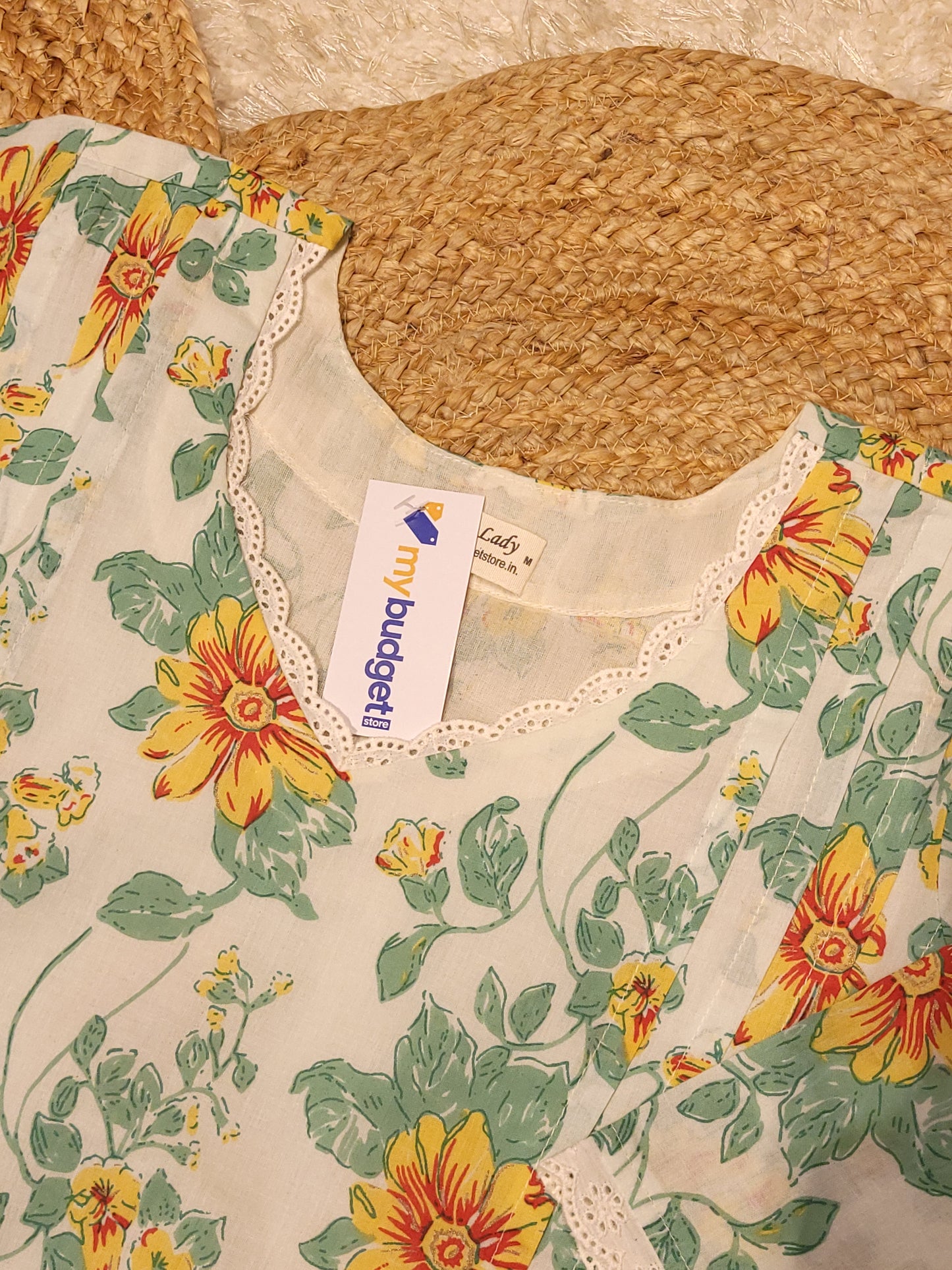 Tropical printed cotton A-line kurti with lace detailed neck and pleated yoke MBS-808 ** ready to dispatch**