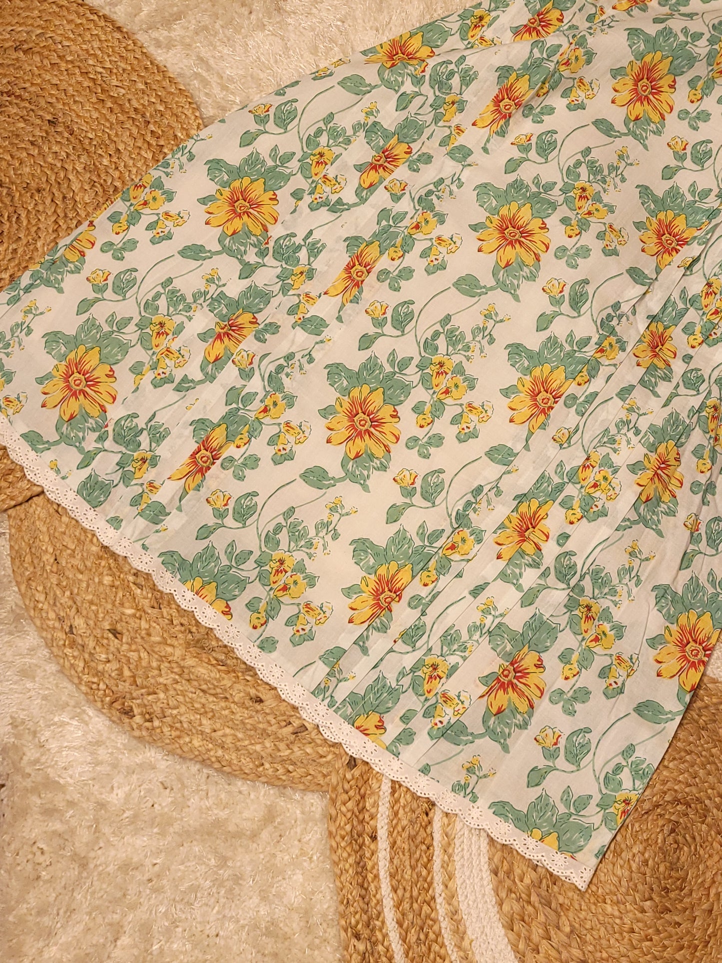 Tropical printed cotton A-line kurti with lace detailed neck and pleated yoke MBS-808 ** ready to dispatch**