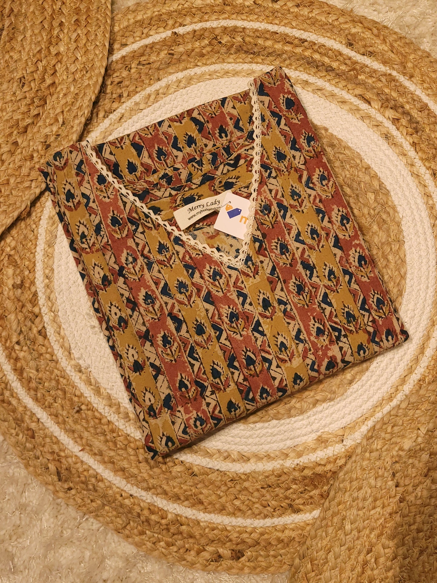 Bagru dabu printed cotton slitted kurti with lace detailed neck and sleeves in yellow shade MBS-813 ** ready to dispatch**