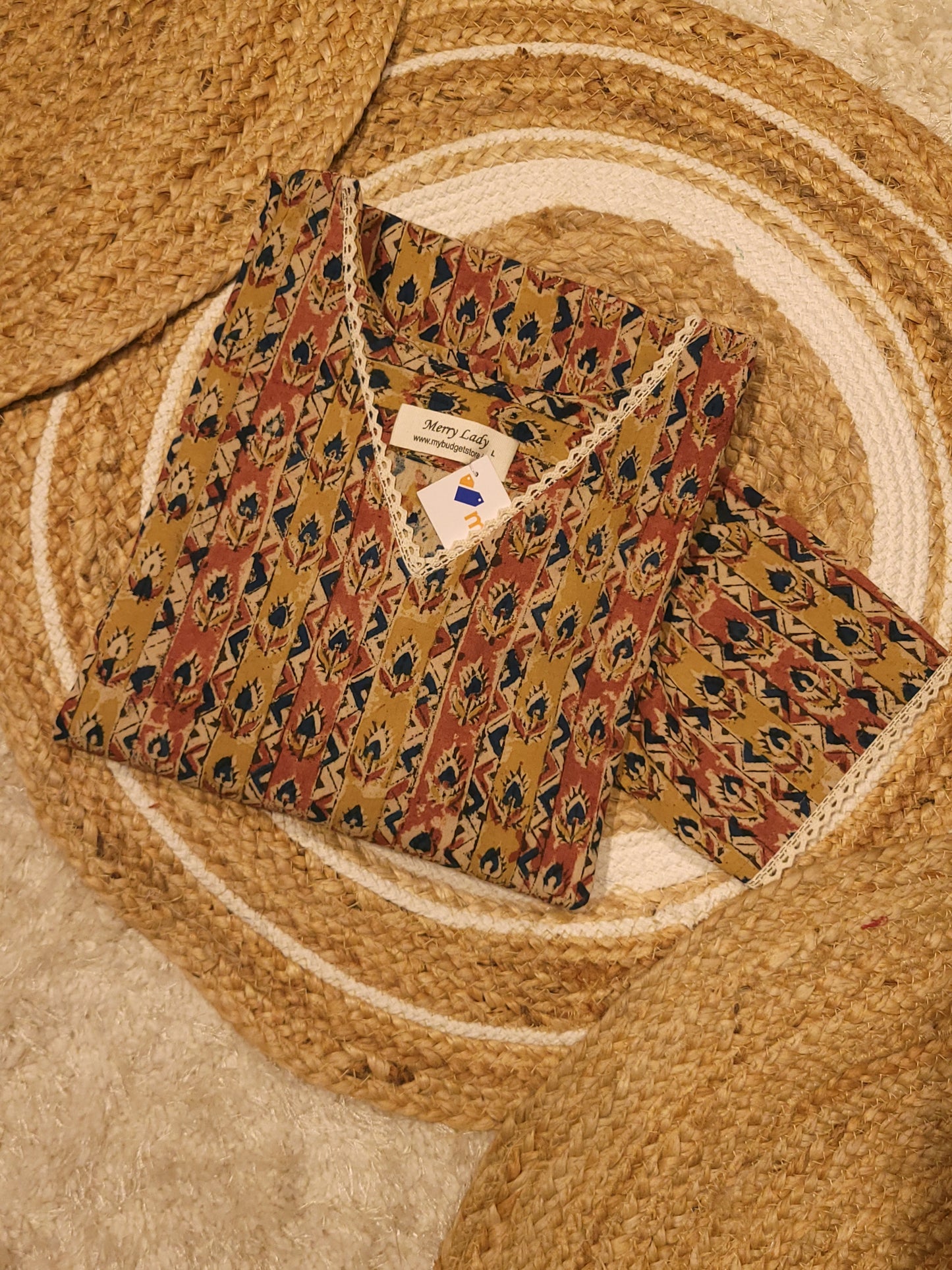 Bagru dabu printed cotton slitted kurti with lace detailed neck and sleeves in yellow shade MBS-813 ** ready to dispatch**