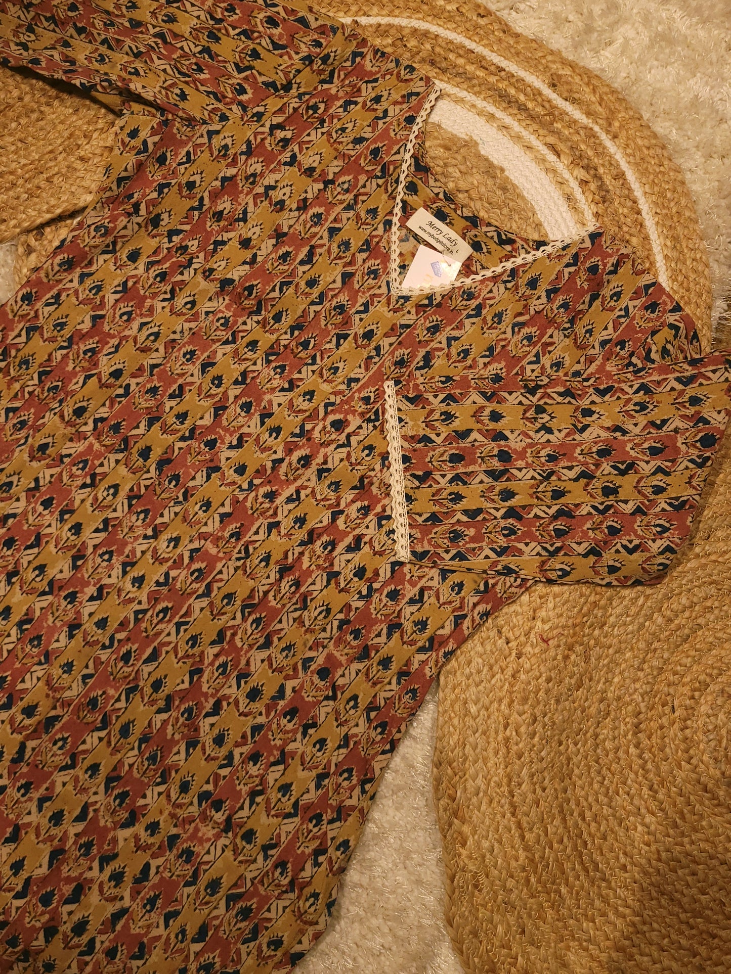 Bagru dabu printed cotton slitted kurti with lace detailed neck and sleeves in yellow shade MBS-813 ** ready to dispatch**