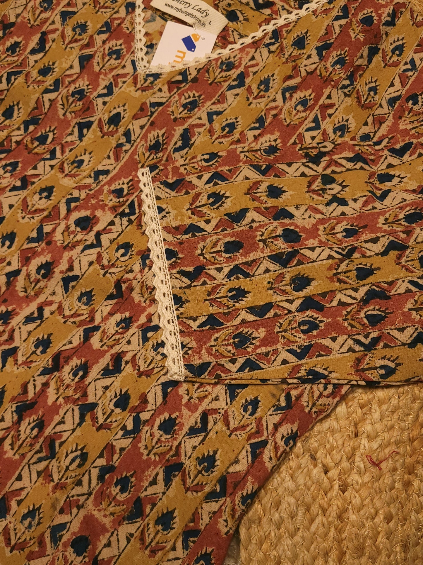 Bagru dabu printed cotton slitted kurti with lace detailed neck and sleeves in yellow shade MBS-813 ** ready to dispatch**