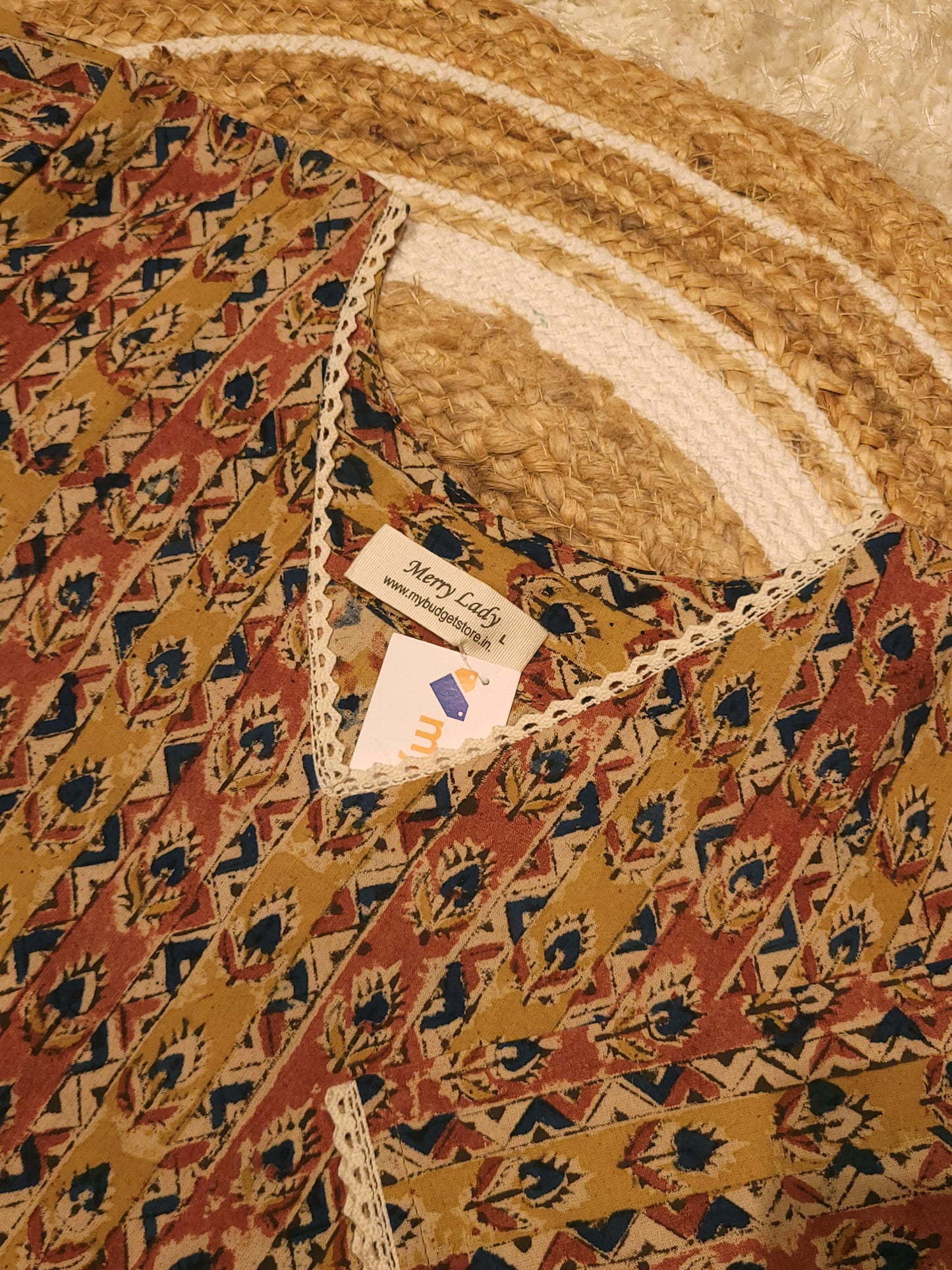 Bagru dabu printed cotton slitted kurti with lace detailed neck and sleeves in yellow shade MBS-813 ** ready to dispatch**