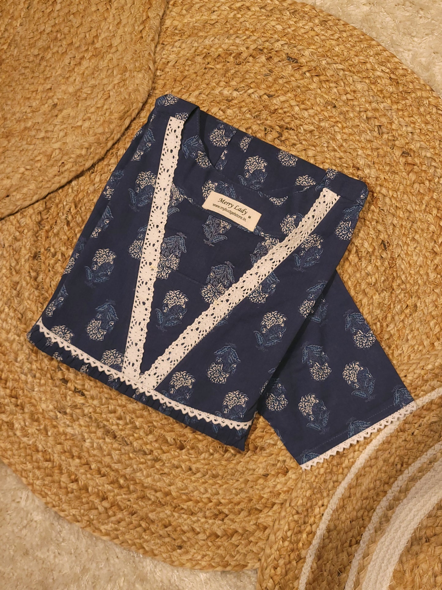 Blue floral printed cotton Aline kurti with lace detailing  MBS-815 ** ready to dispatch**