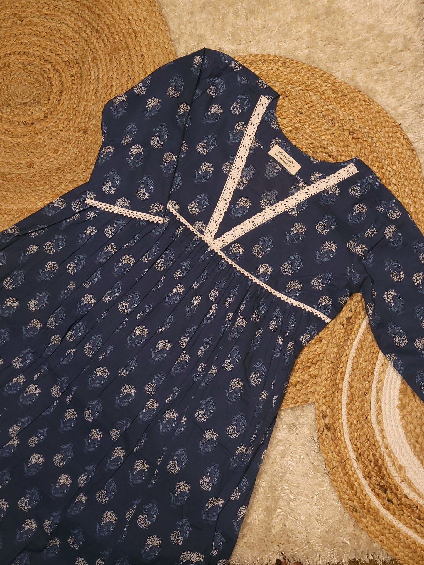 Blue floral printed cotton Aline kurti with lace detailing  MBS-815 ** ready to dispatch**