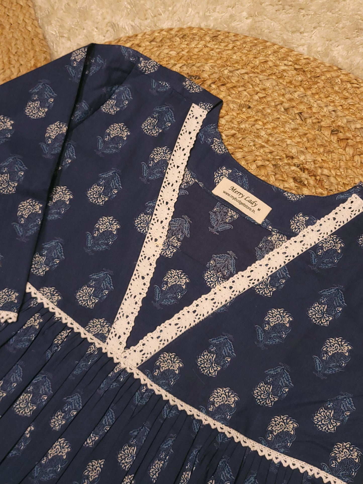 Blue floral printed cotton Aline kurti with lace detailing  MBS-815 ** ready to dispatch**