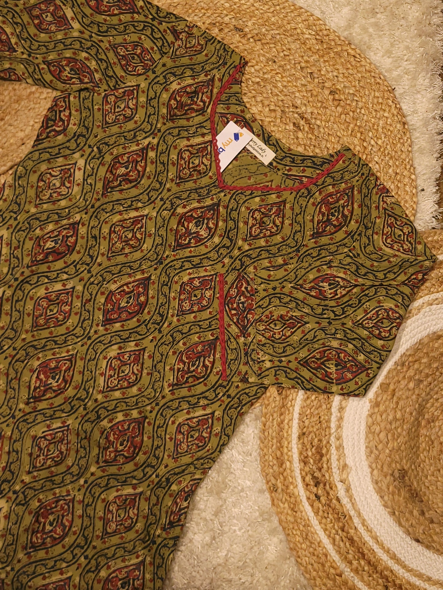 Pure bagru dabu printed cotton A-line kurti with lace detailed neck and sleeve MBS-818 ** ready to dispatch**