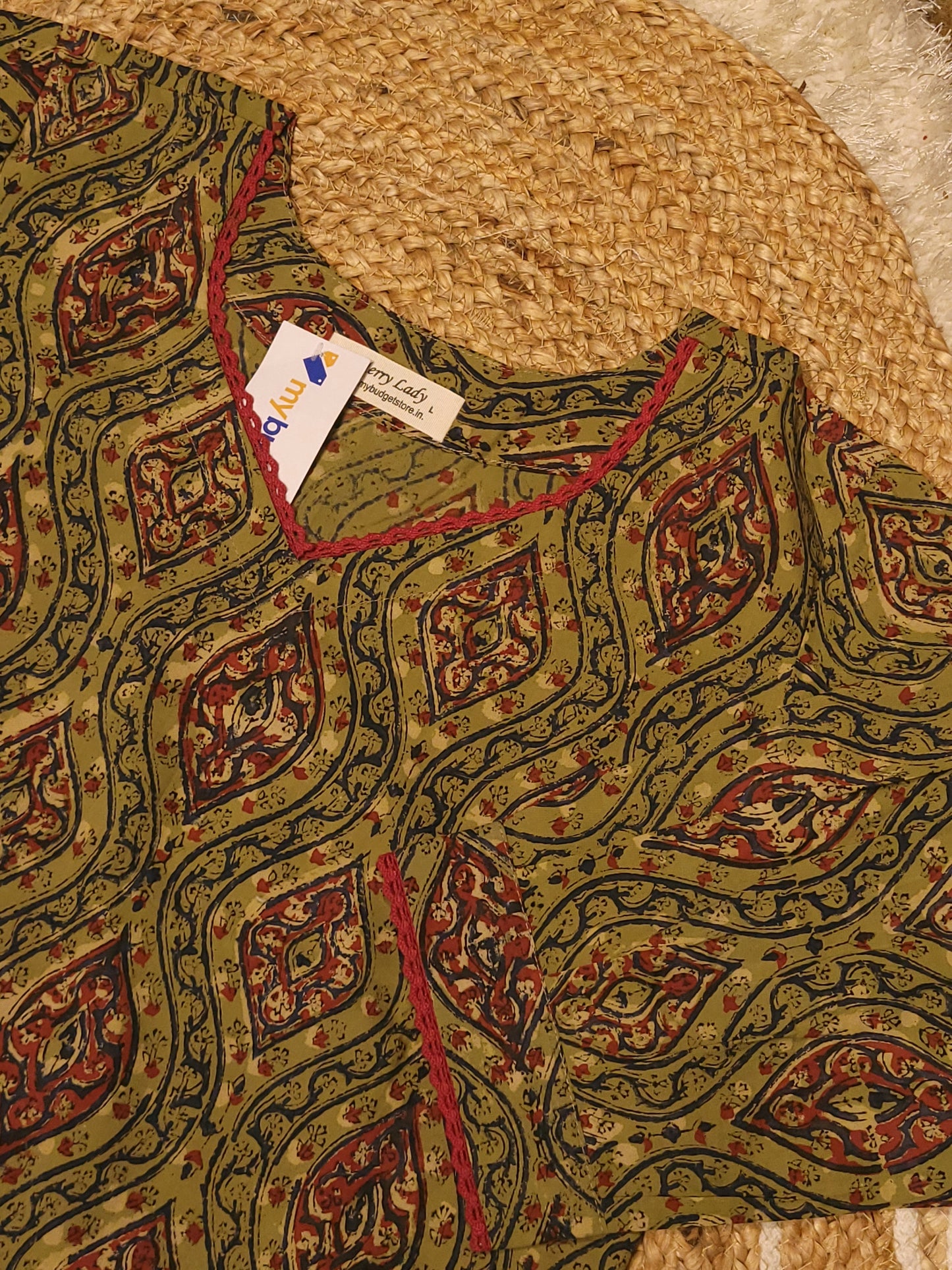 Pure bagru dabu printed cotton A-line kurti with lace detailed neck and sleeve MBS-818 ** ready to dispatch**