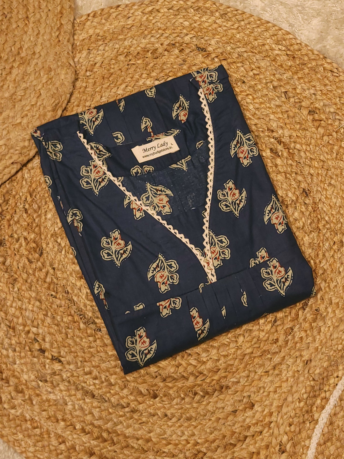 Floral printed cotton A-line kurti with lace detailed neck MBS-816 ** ready to dispatch**